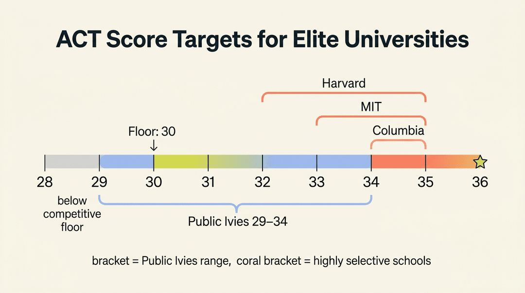 A number line shows ACT score ranges for competitive universities, with bracketed sections for Public Ivies and highly selective schools.