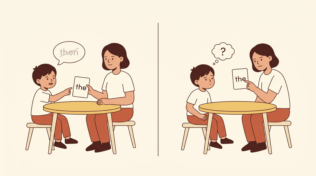 Two-panel illustration showing a tutor withholding praise for an error and patiently prompting a student to try again.