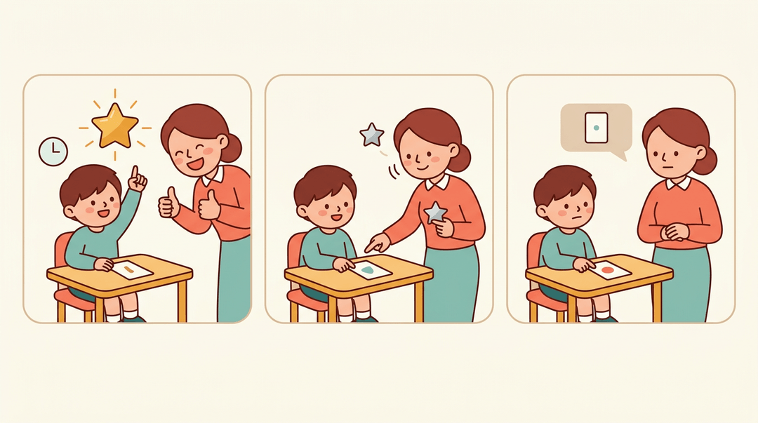 Three panels show teachers giving immediate praise, guided help, or neutral feedback to students based on their independence.
