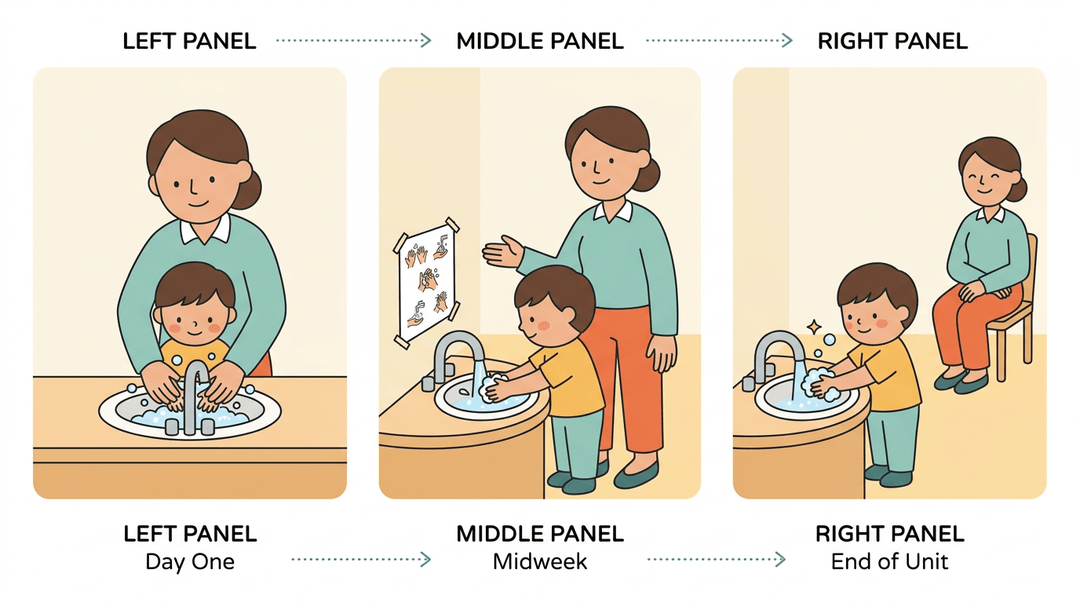 Three panels show a teacher guiding a child to wash hands, fading from physical help to visual cues, then independence.