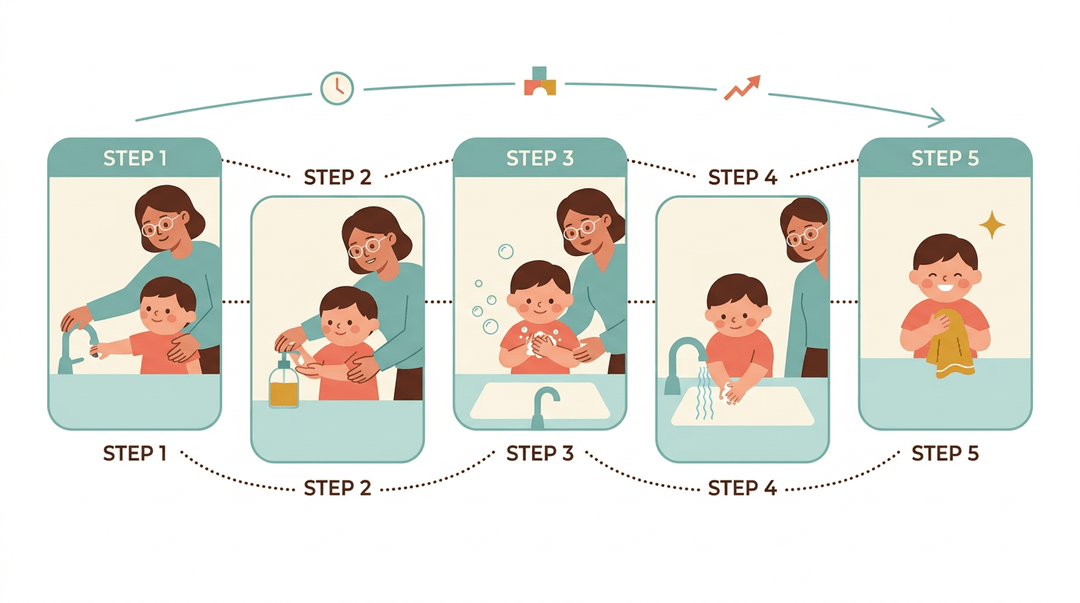 Five-step visual guide shows a child learning to wash hands with fading teacher support, ending in success.