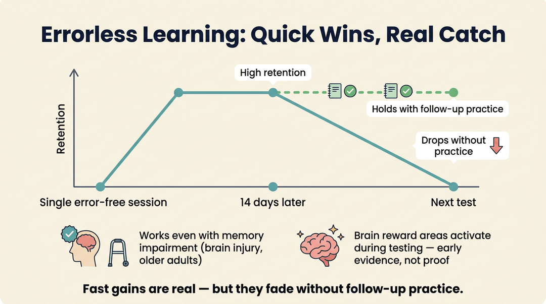Infographic showing retention stays high with follow-up practice but drops without it, benefiting those with memory impairment.