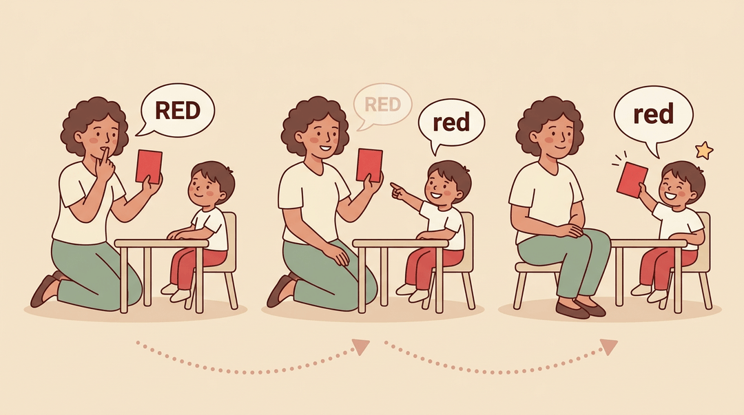 Three-panel illustration showing a teacher prompting a student to say