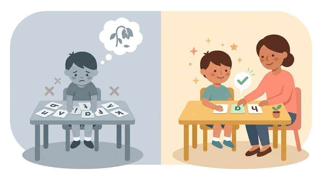 A student transitions from frustrated failure to confident success with a teacher's guidance, shown in contrasting cool and warm halves.