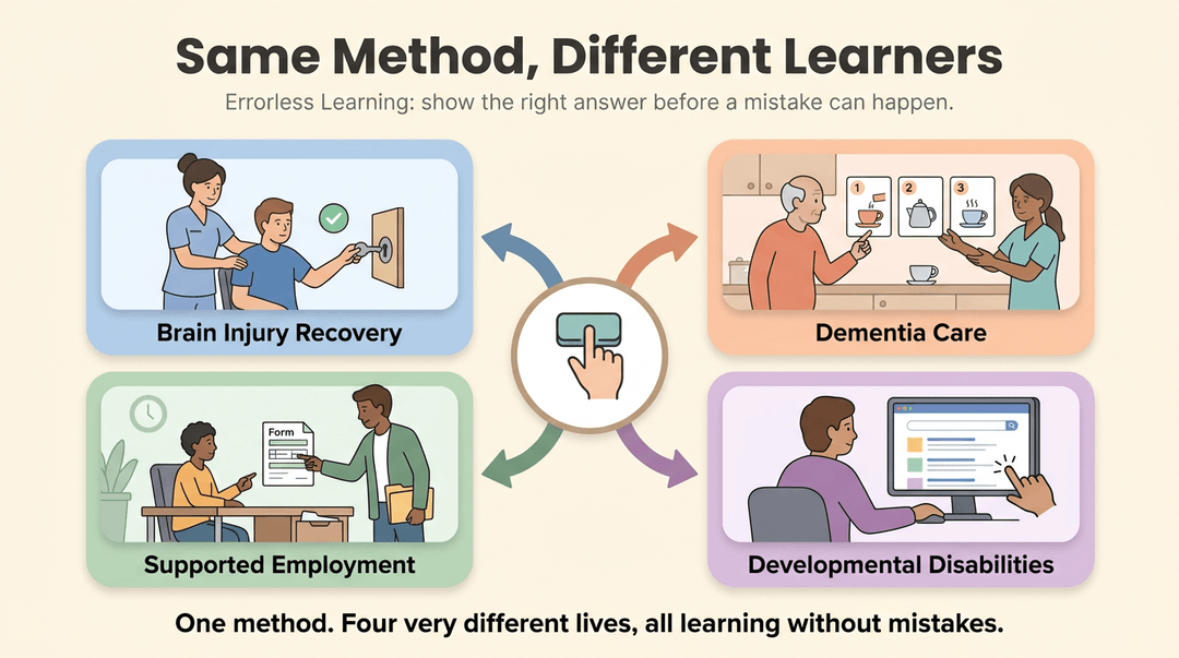 Infographic illustrating Errorless Learning across brain injury, dementia, employment, and developmental disabilities with guiding hands preventing mistakes.