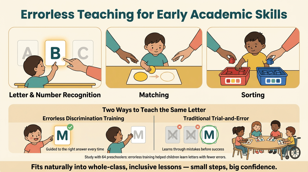 Infographic comparing errorless teaching and traditional methods for early academic skills, showing letter recognition, matching, sorting, and inclusive classroom benefits.