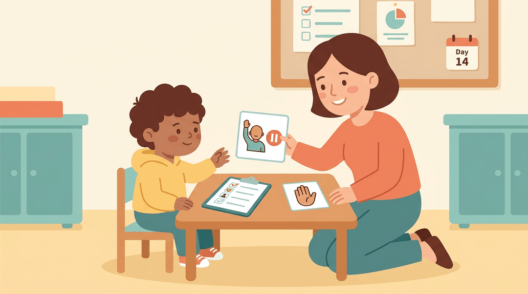 A teacher shows a student a laminated card with a hand-raising icon to teach asking for a break.