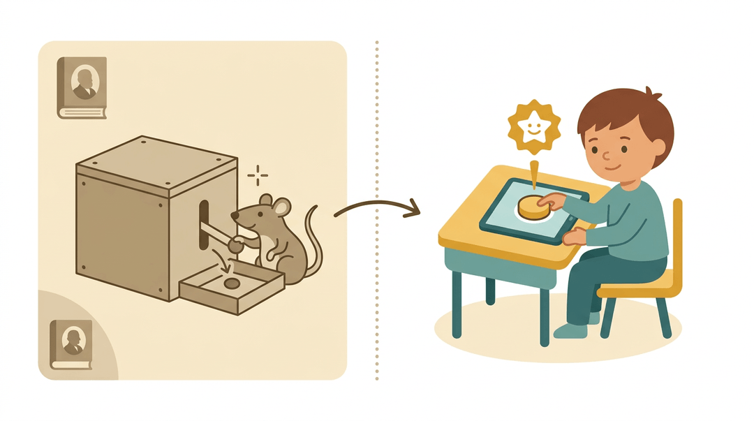 A timeline shows the evolution of reward systems, from a 1920s rat pressing a lever for pellets to a modern child using a tablet.