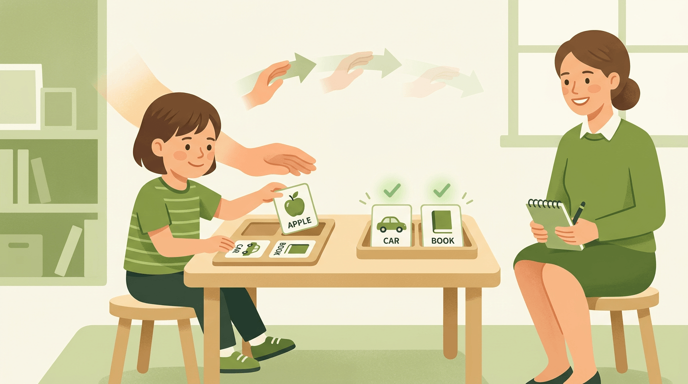 A child sorts a card with fading adult guidance, while correct matches glow green and a teacher observes warmly.