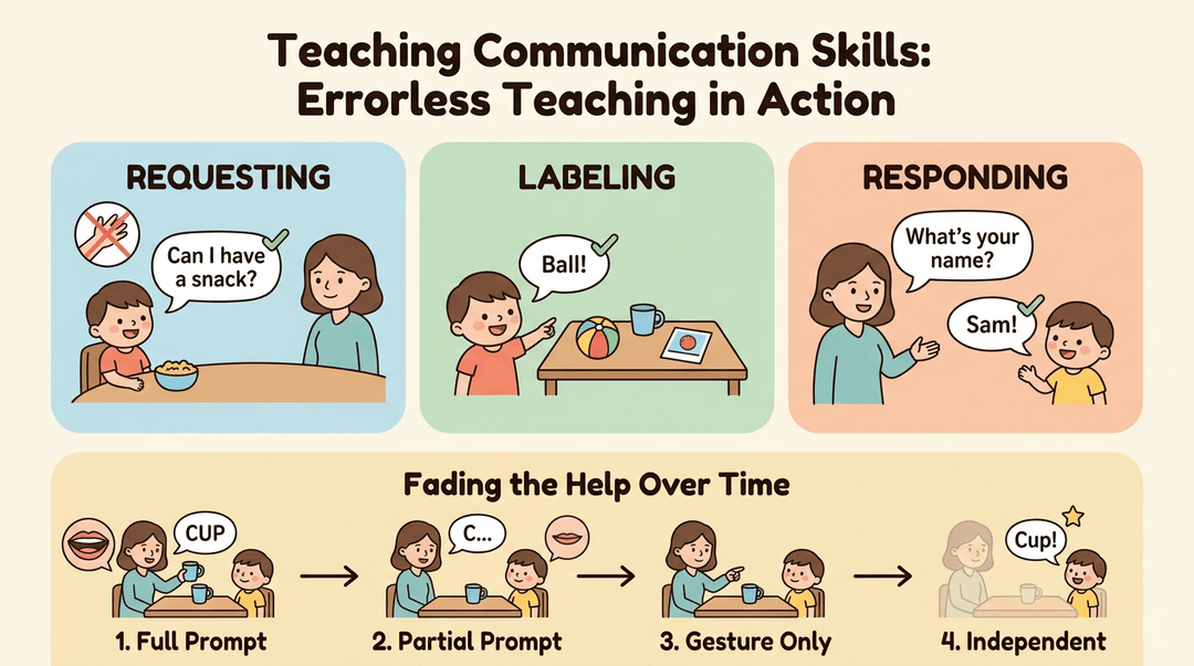 Infographic showing errorless teaching steps for requesting, labeling, and responding, with a timeline fading adult prompts to child independence.