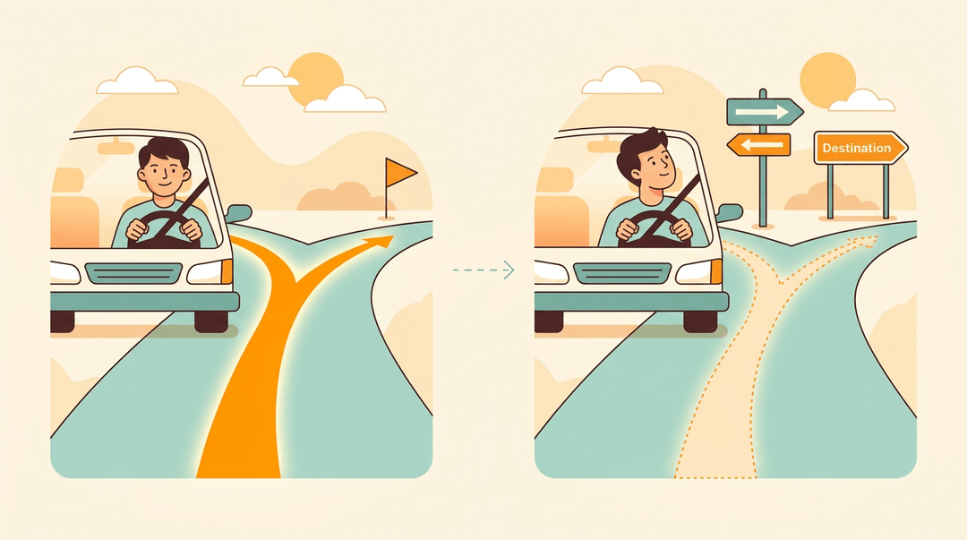 A split illustration shows a driver transitioning from following a highlighted path to relying on road signs, symbolizing guided independence.