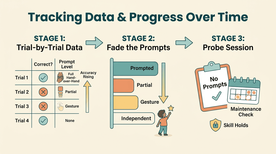 Illustration showing three stages of tracking progress: trial-by-trial data, fading prompts, and probe sessions.