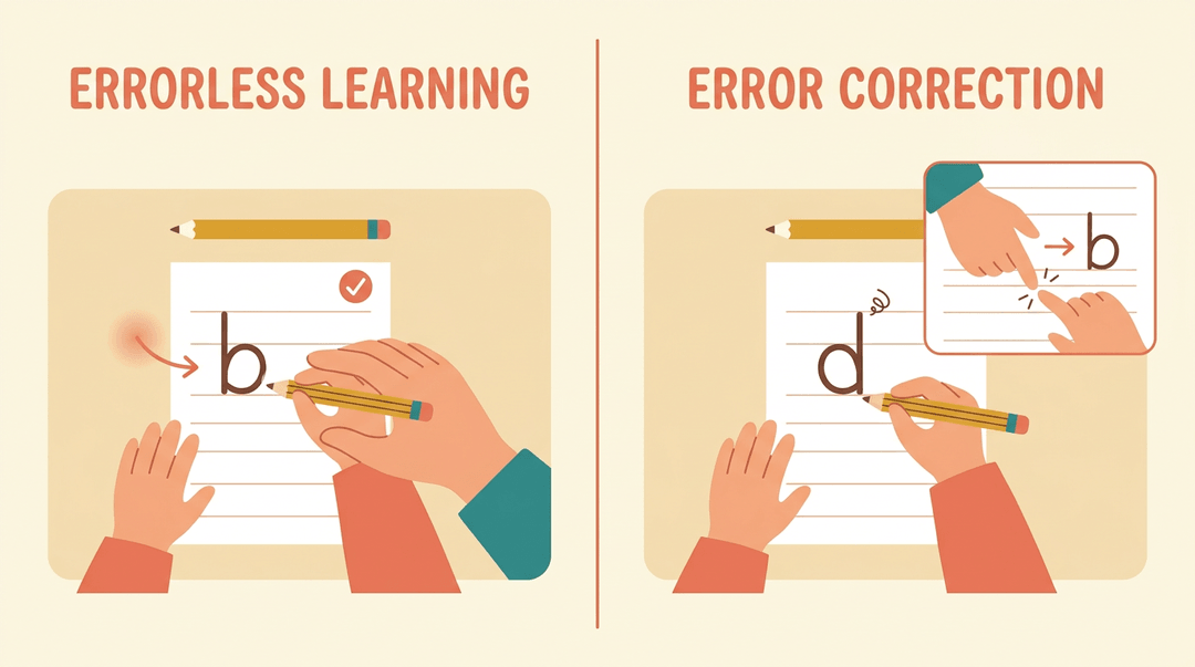 Comparison of errorless learning with guided practice versus error correction after a mistake.