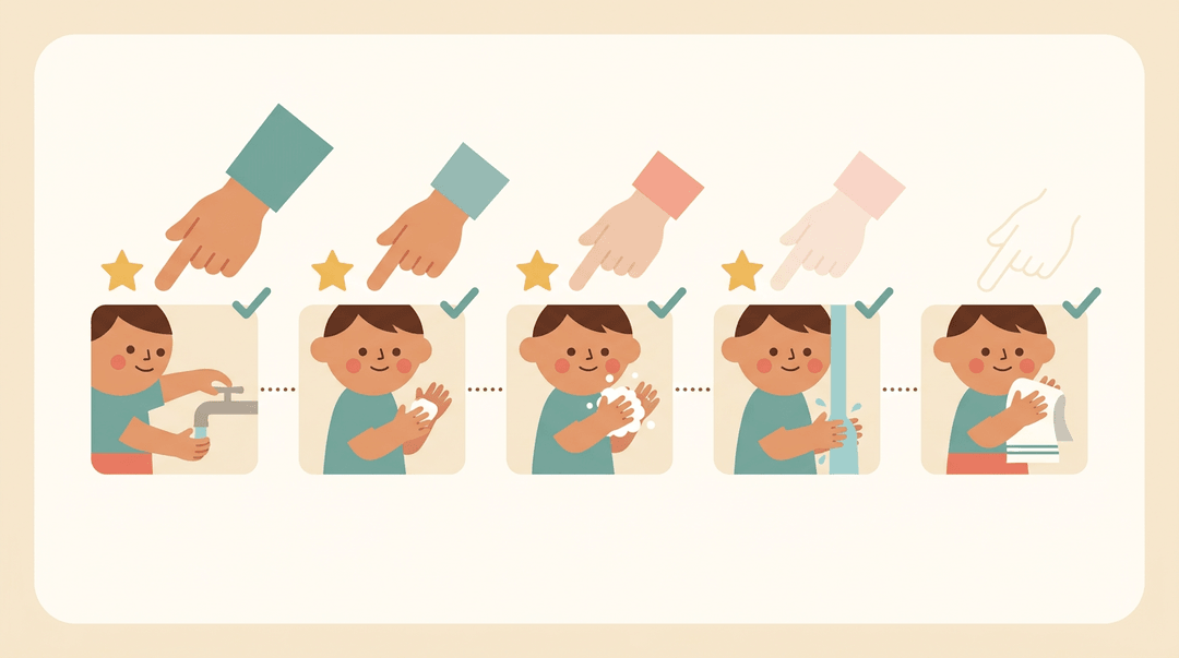 Five-step handwashing guide showing fading adult guidance as a child gains independence, using warm colors and simple icons.