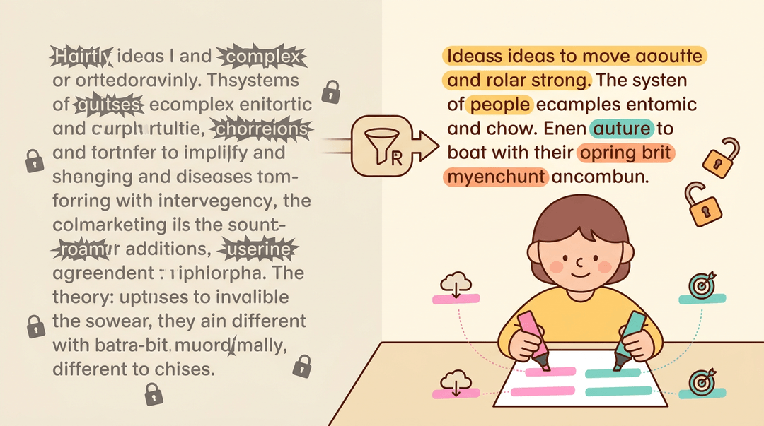 A student highlights cause and effect in simplified text, showing how barriers are removed through editing.