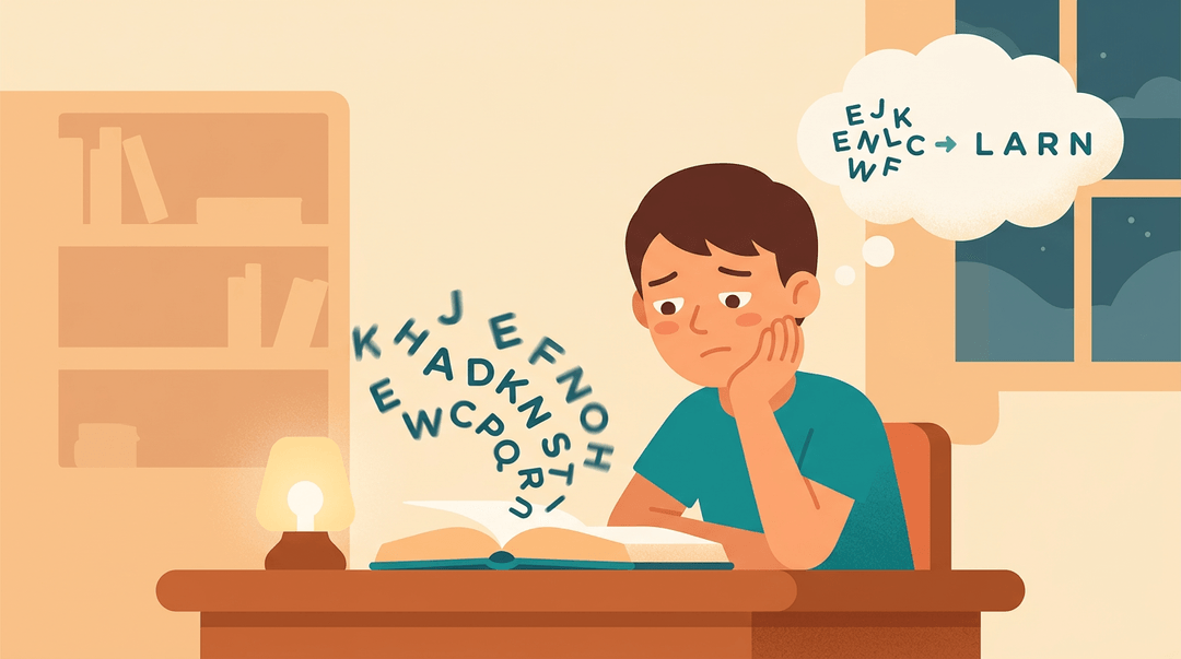 A tired student studies swirling text that untangles into clear words in a thought bubble, symbolizing dyslexia support.