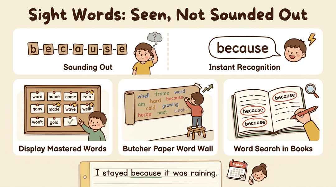 Infographic showing how to teach sight words through instant recognition, display, and context rather than sounding out.