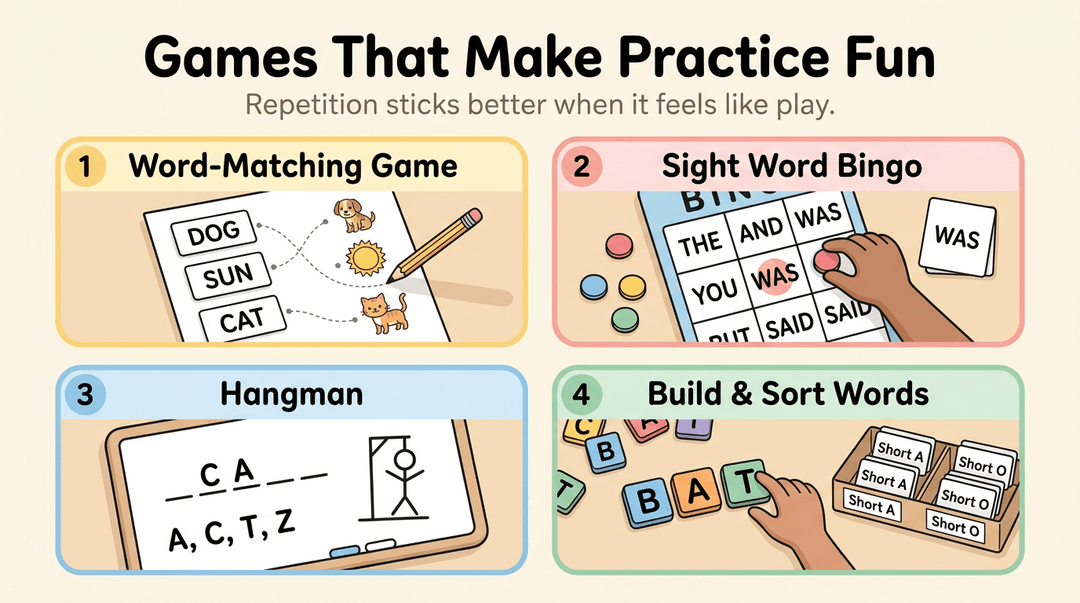 Four classroom game scenes: word matching, sight word bingo, hangman, and building words to make practice fun.