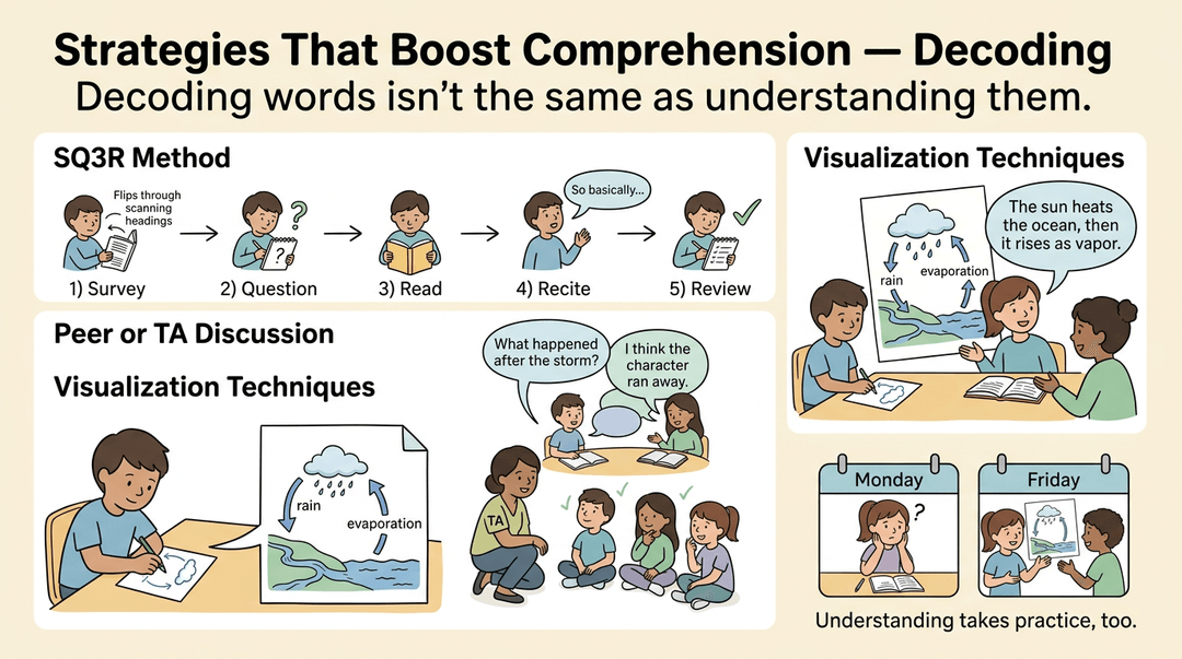 Illustration of three comprehension strategies: SQ3R method, peer discussion, and visualization techniques with a progress note.