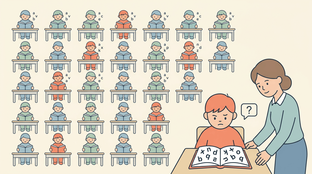 A teacher supports a dyslexic student struggling with jumbled text in a classroom of peers reading normally.