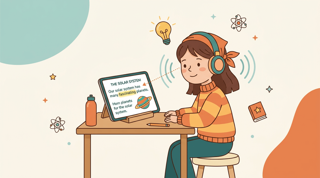 A girl with headphones reads a science passage on a tablet, highlighting the link between hearing and seeing text.