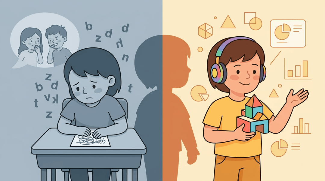 Split image shows a child struggling with dyslexia on the left and thriving as a visual thinker on the right.