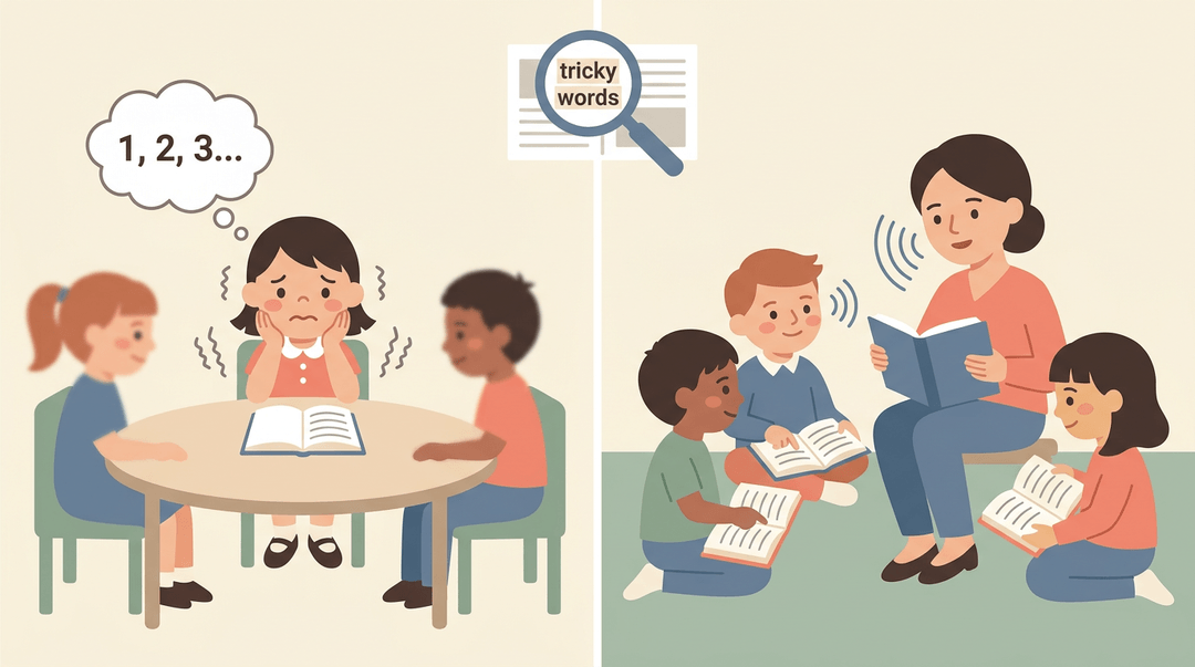 Split image shows anxious student counting paragraphs versus calm teacher reading aloud with students tracking text, plus a preview icon.