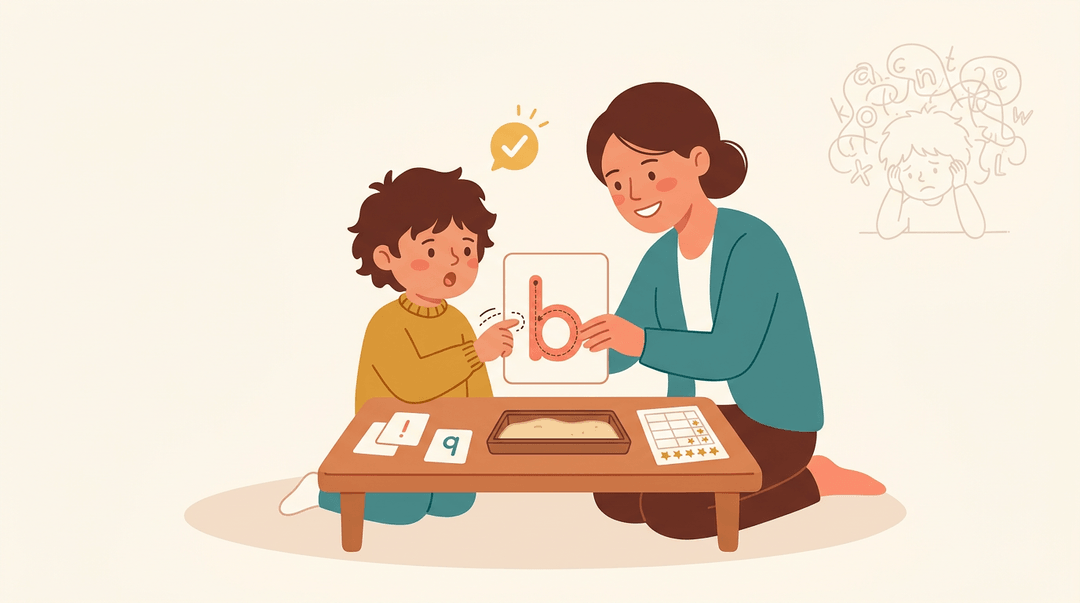 A teacher kneels to guide a student tracing a letter, celebrating their progress while past struggles fade away.