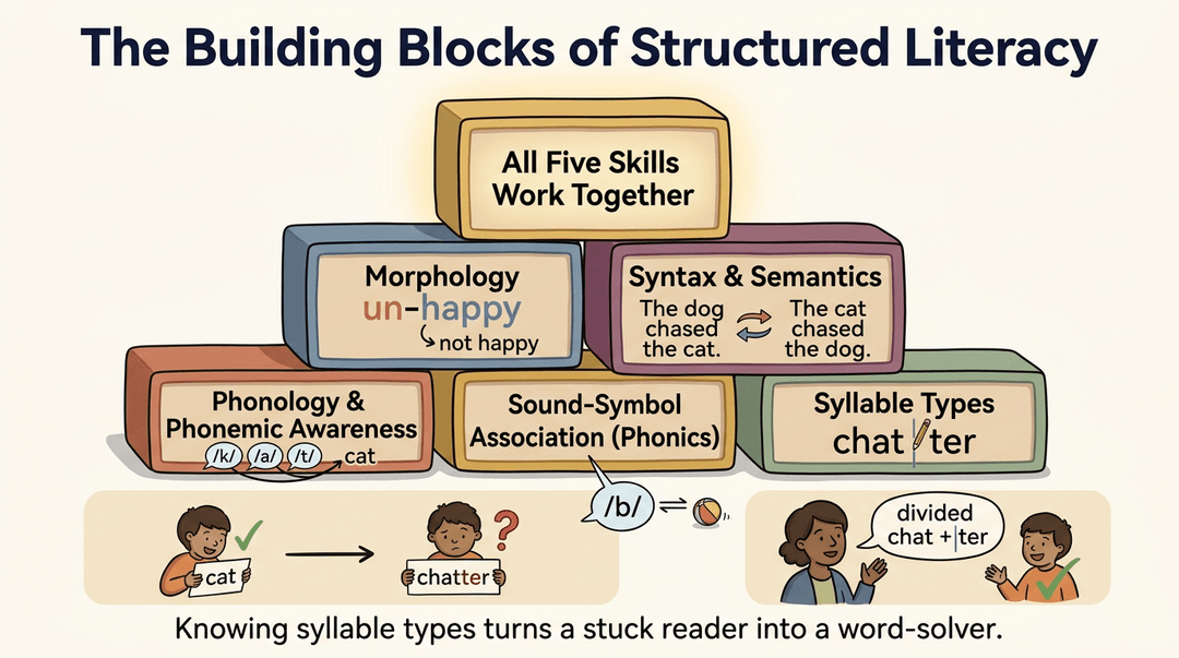 Pyramid of literacy blocks showing phonology, phonics, syllables, morphology, and syntax with a teacher helping a student decode