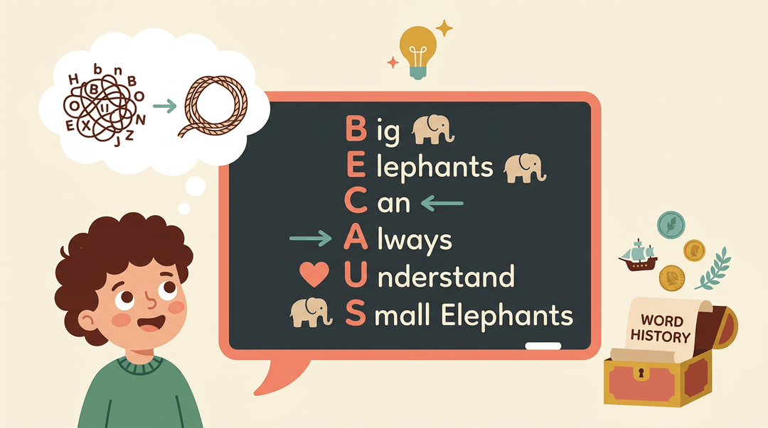 Illustration showing the mnemonic for 'because' with icons, a child understanding, and word origin symbols.