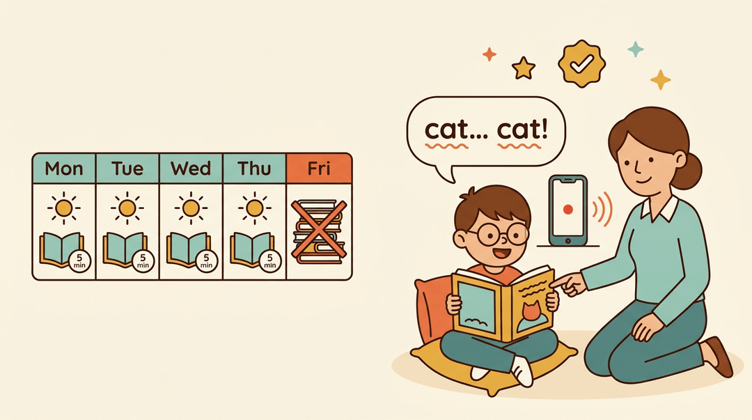 A student practices reading with a teacher while a calendar shows consistent short sessions beat cramming.