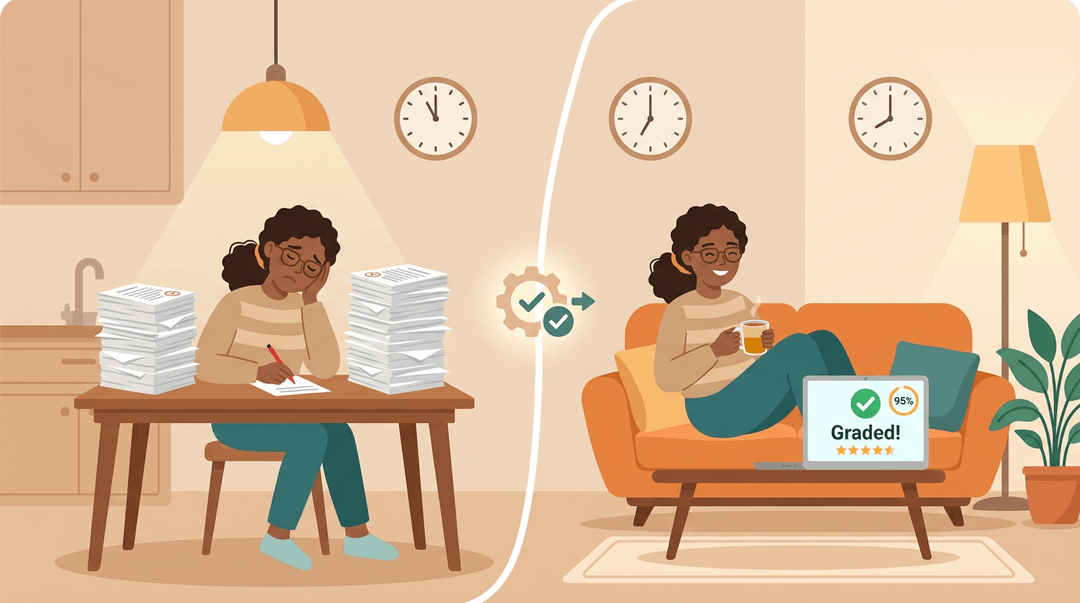 A tired teacher grading late contrasts with a relaxed teacher seeing automated 'Graded!' notifications on a laptop.