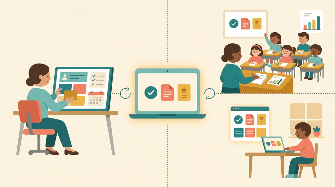 Teacher connects lesson planning to classroom and home learning via a central digital system.