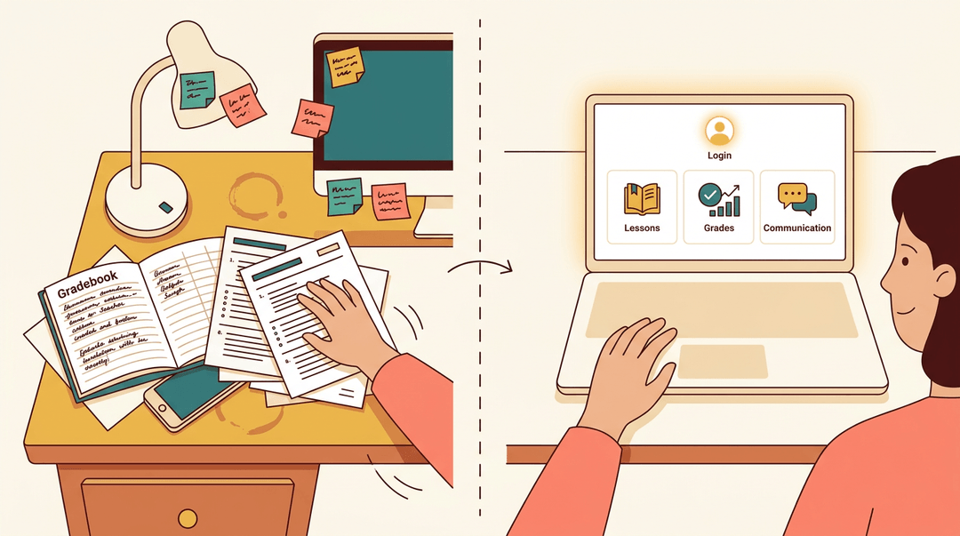 A split desk shows chaotic paper clutter on the left and a calm, organized digital dashboard on the right.