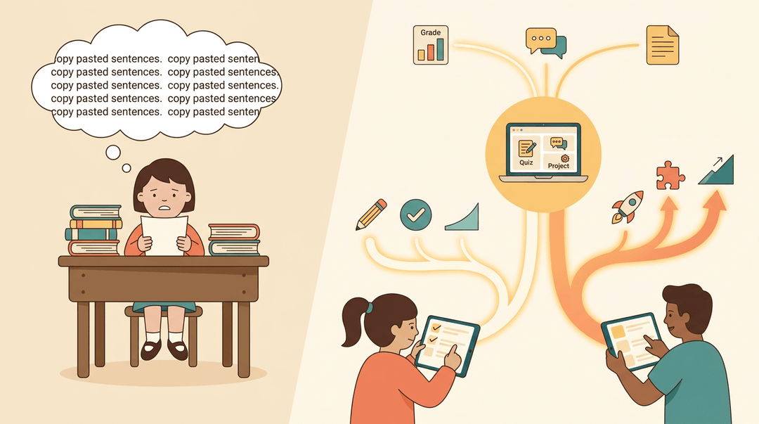 A split image contrasts rote memorization with personalized digital learning, showing an LMS connecting grades, communication, and lessons.