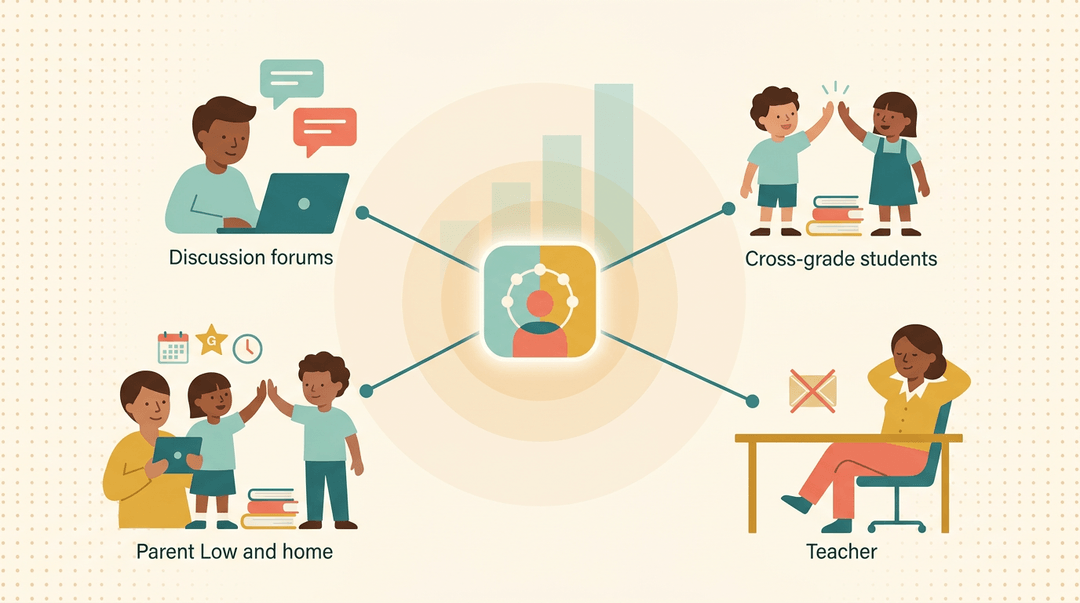 A central hub connects icons representing students, parents, and teachers to show a calm, growing school community network.