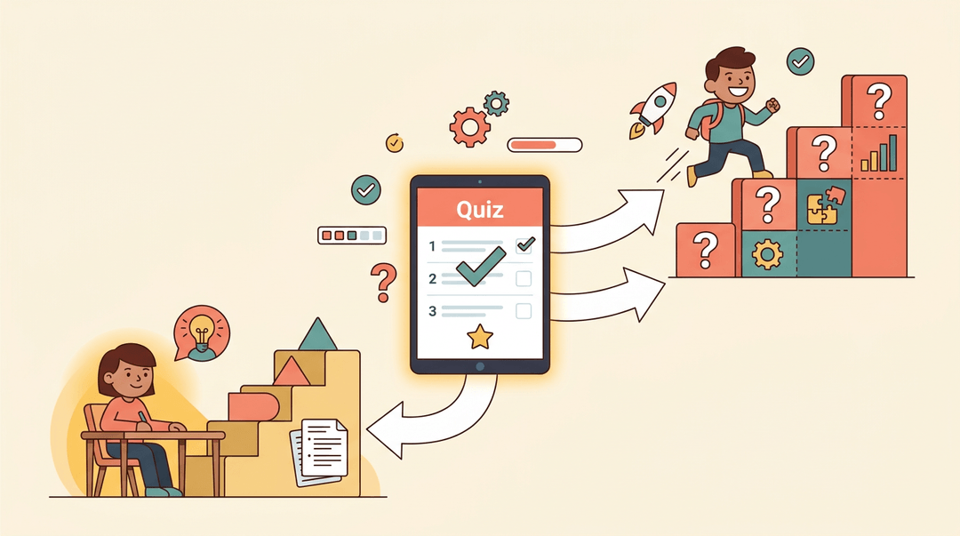 Flat illustration shows one tablet branching into two personalized learning paths for students.