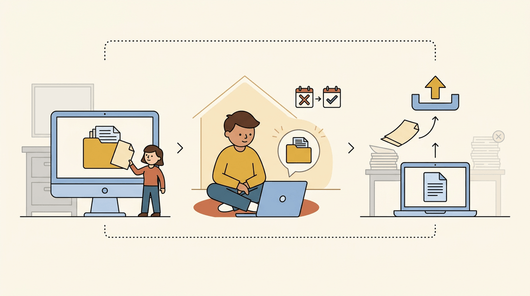 A teacher digitizes files, students access them at home, and paper records fade as data moves to the cloud.
