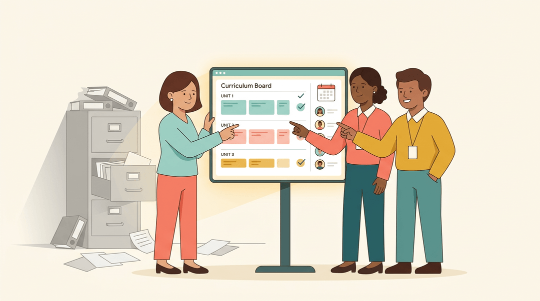 Three educators collaborate on a shared digital curriculum tablet, symbolizing modern teamwork replacing outdated paper binders.
