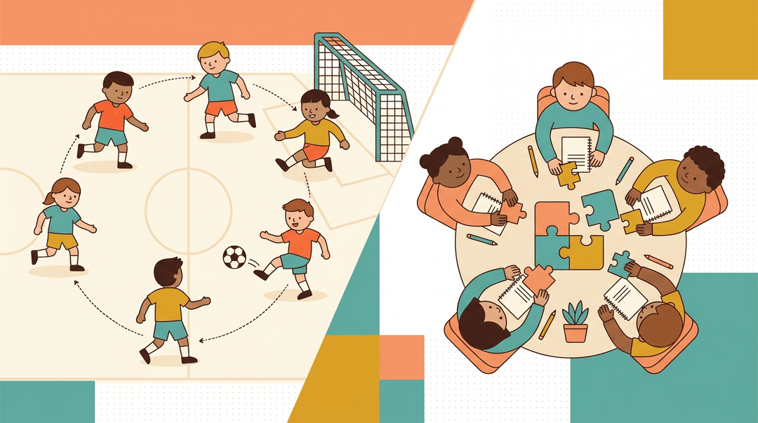 Split image showing soccer teamwork on the left and classroom collaboration on the right, linked by matching curved lines.