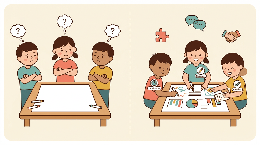 Three students move from confused silence to collaborative teamwork with assigned roles like timekeeper and recorder on a colorful poster.