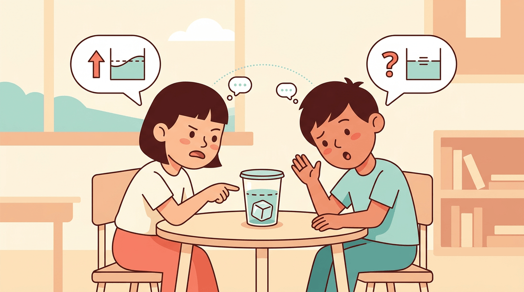 Two students discuss melting ice in a cup, debating if water level rises or stays the same.