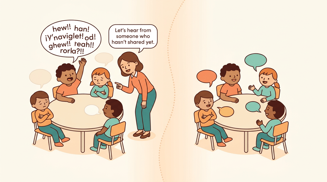 Teacher encourages quiet students to share, showing their transition from withdrawn to engaged participation.
