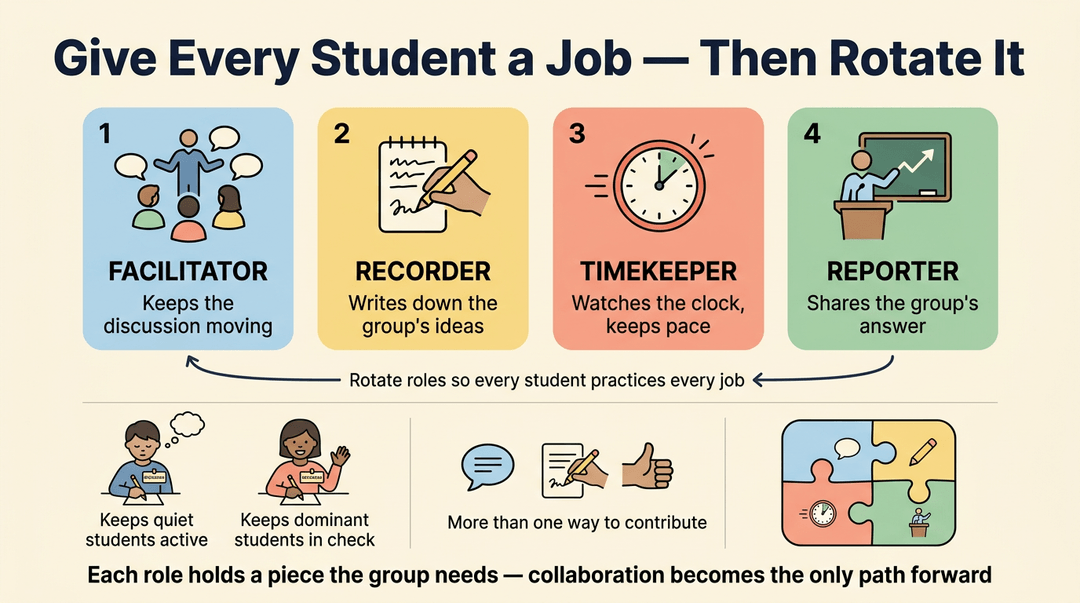 Infographic showing four rotating student roles: facilitator, recorder, timekeeper, and reporter.