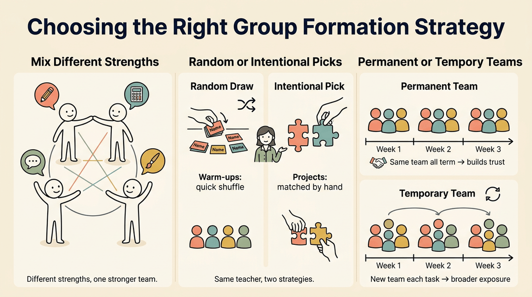 Infographic comparing group formation strategies: mixing strengths, random vs intentional selection, and permanent versus temporary teams.