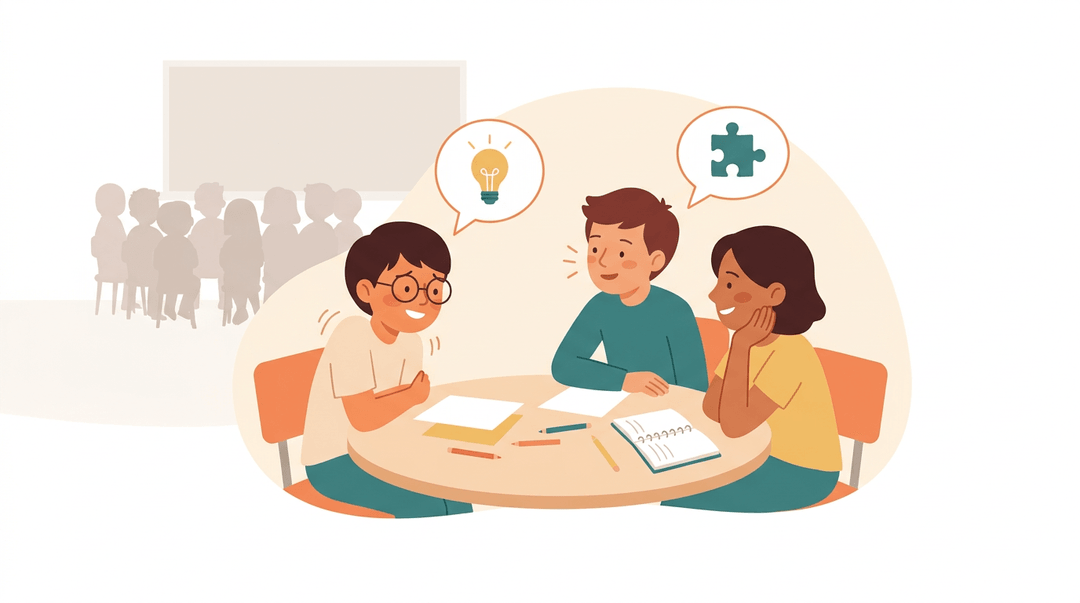 Three students collaborate warmly at a round table, highlighting intimacy and belonging amidst a blurred classroom background.