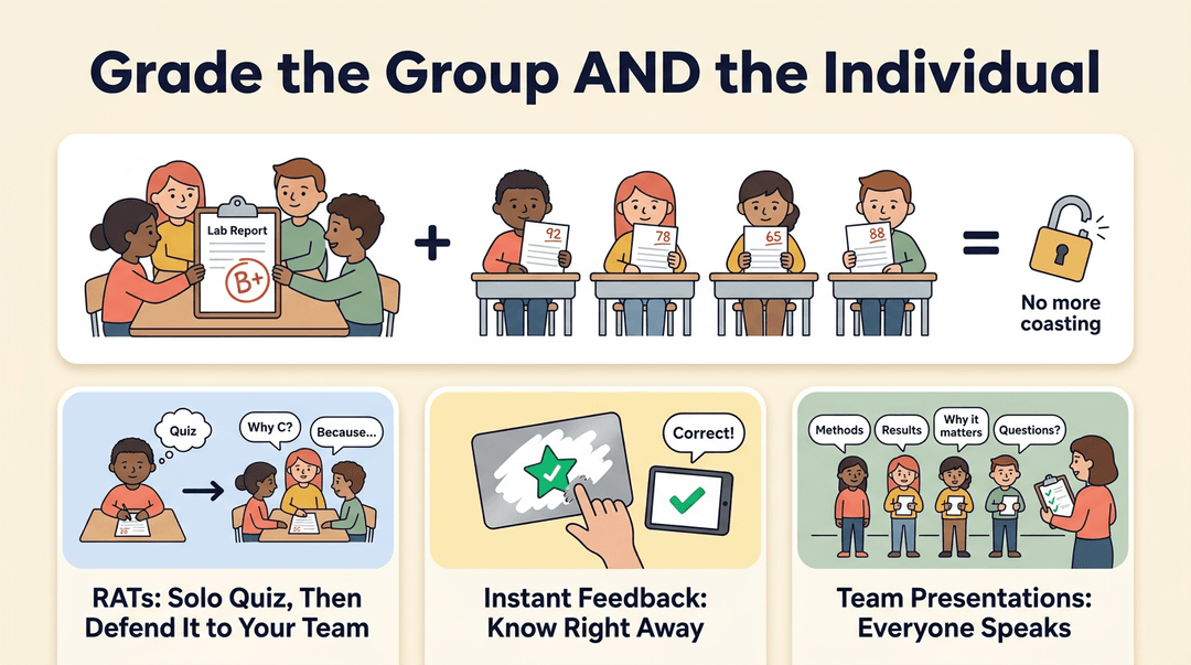 Infographic showing how to grade groups and individuals using RATs, instant feedback, and team presentations to prevent coasting.