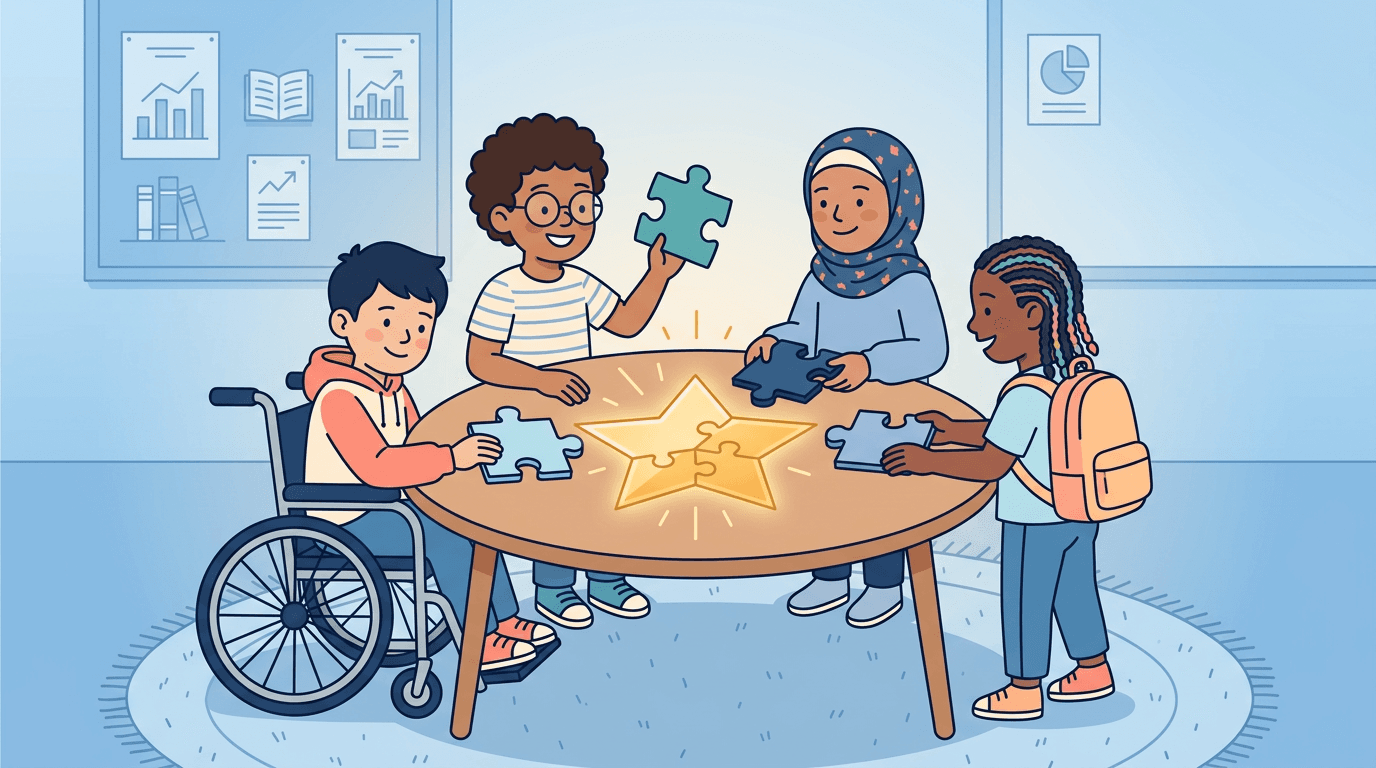 Diverse students collaborate to complete a puzzle forming a golden star, symbolizing teamwork and shared success in a classroom.