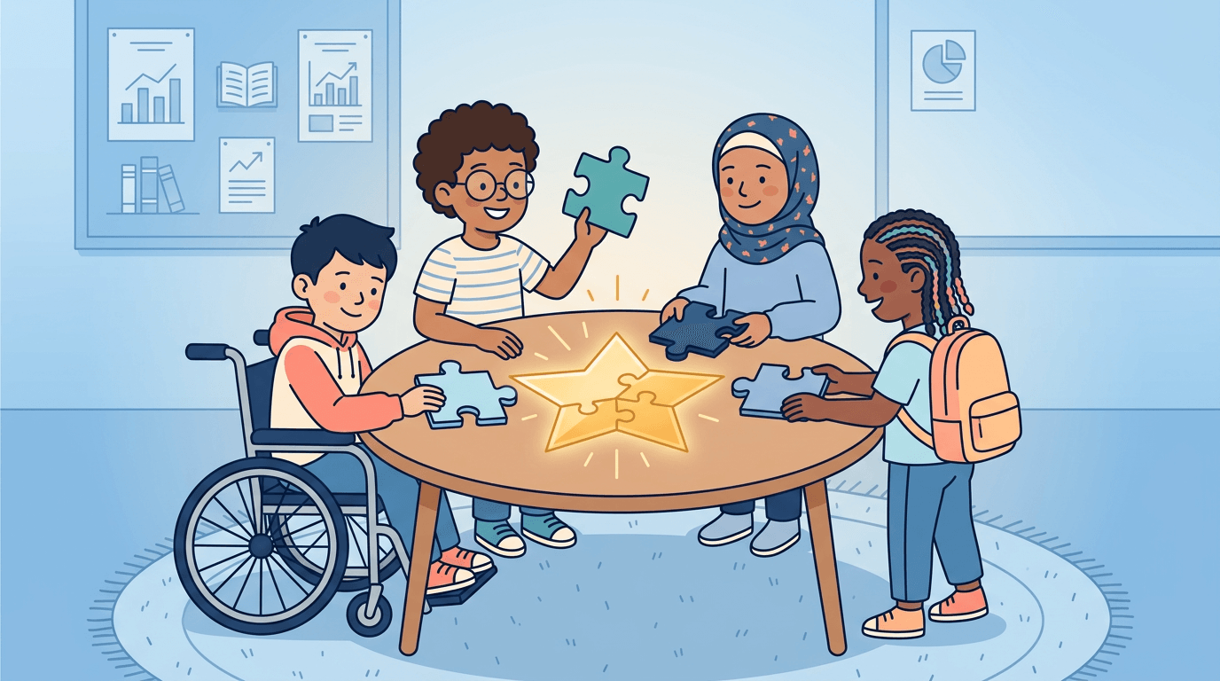 Diverse students collaborate to complete a puzzle forming a golden star, symbolizing teamwork and shared success in a classroom.