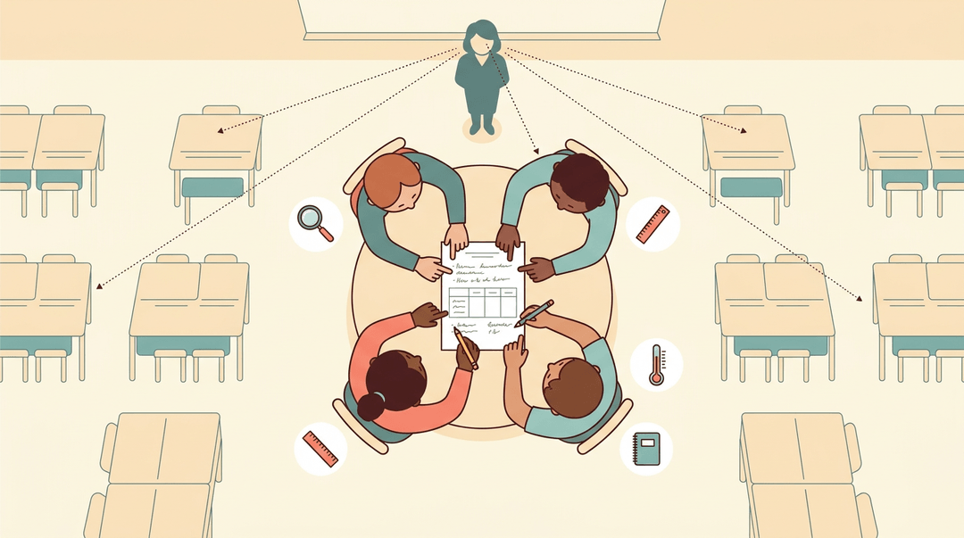 Four students collaborate around a shared lab sheet while icons show their individual roles, observed by a teacher.